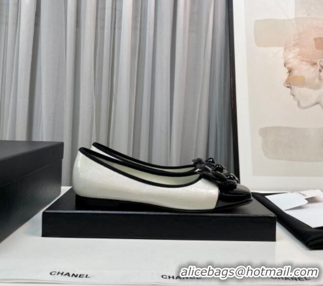 Best Product Chanel Stone Embossed Lambskin & Patent Calfskin Ballet Flat with Camellia White 805043