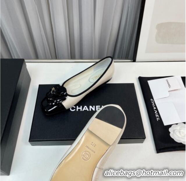 Best Product Chanel Stone Embossed Lambskin & Patent Calfskin Ballet Flat with Camellia White 805043