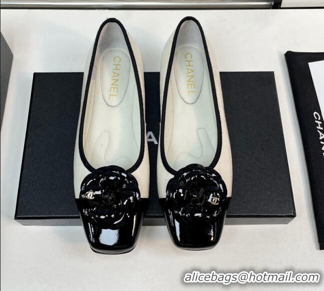 Best Product Chanel Stone Embossed Lambskin & Patent Calfskin Ballet Flat with Camellia White 805043