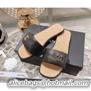 Low Price Chanel Lambskin Flat Slide Sandals Black 805044