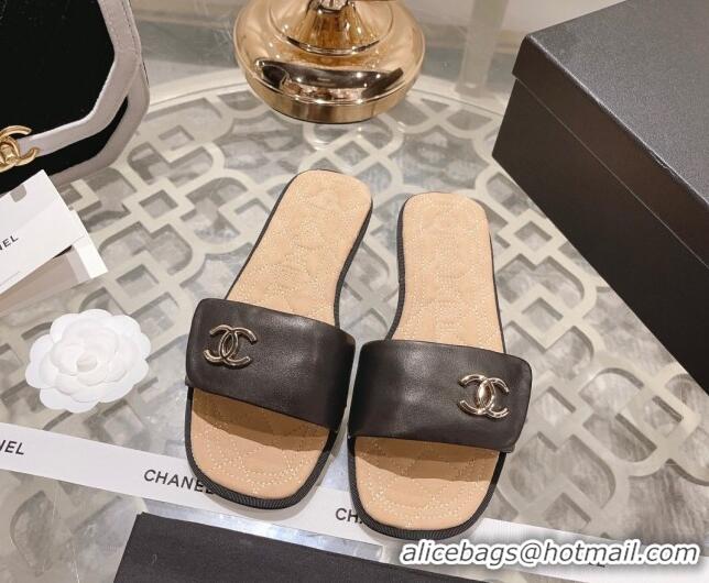 Low Price Chanel Lambskin Flat Slide Sandals Black 805044