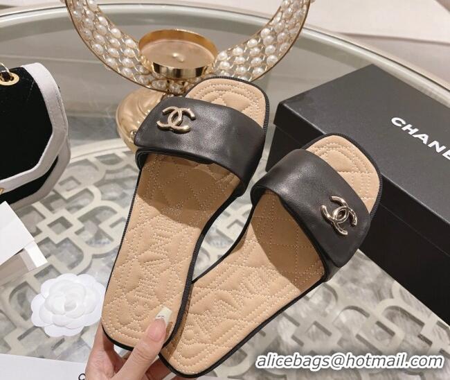 Low Price Chanel Lambskin Flat Slide Sandals Black 805044