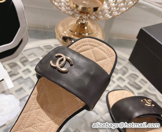 Low Price Chanel Lambskin Flat Slide Sandals Black 805044