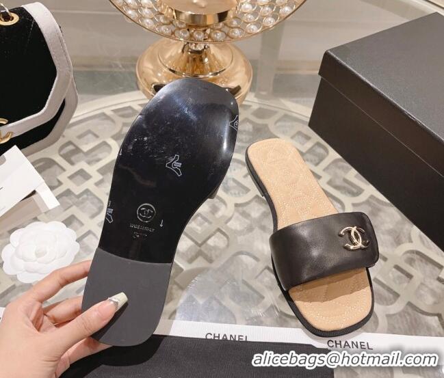 Low Price Chanel Lambskin Flat Slide Sandals Black 805044