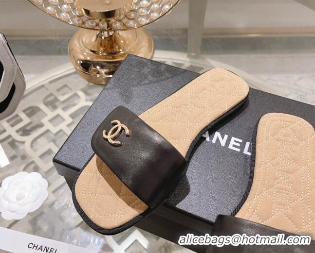 Low Price Chanel Lambskin Flat Slide Sandals Black 805044