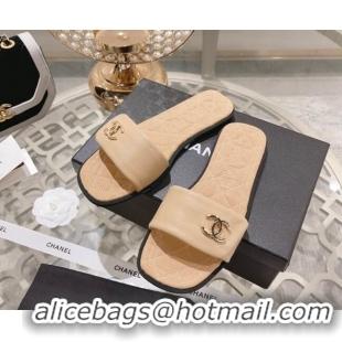 Grade Quality Chanel Lambskin Flat Slide Sandals Beige 805045