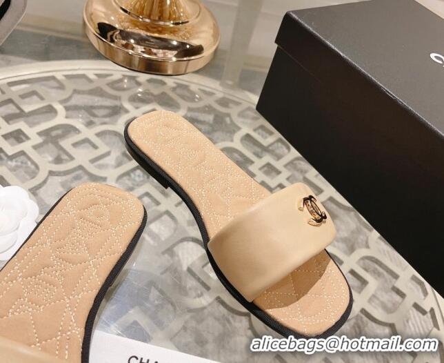 Grade Quality Chanel Lambskin Flat Slide Sandals Beige 805045