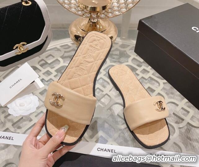 Grade Quality Chanel Lambskin Flat Slide Sandals Beige 805045