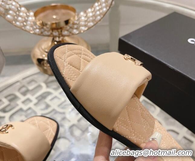 Grade Quality Chanel Lambskin Flat Slide Sandals Beige 805045