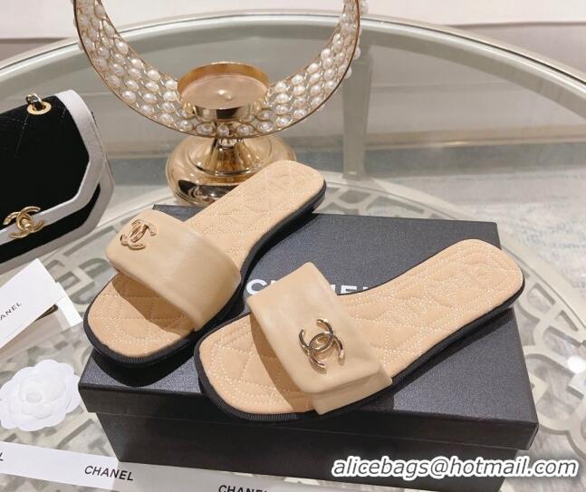 Grade Quality Chanel Lambskin Flat Slide Sandals Beige 805045