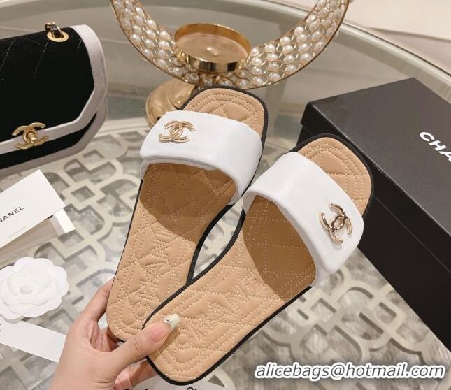 Durable Chanel Lambskin Flat Slide Sandals White 805046