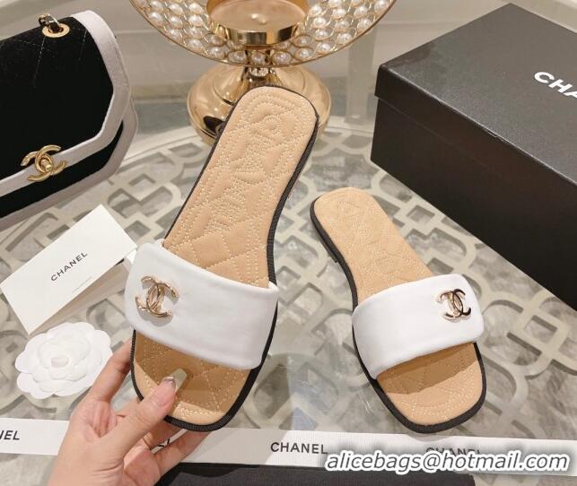 Durable Chanel Lambskin Flat Slide Sandals White 805046