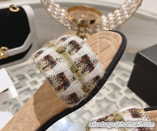 Top Design Chanel Tweed Flat Slide Sandals Brown 805047