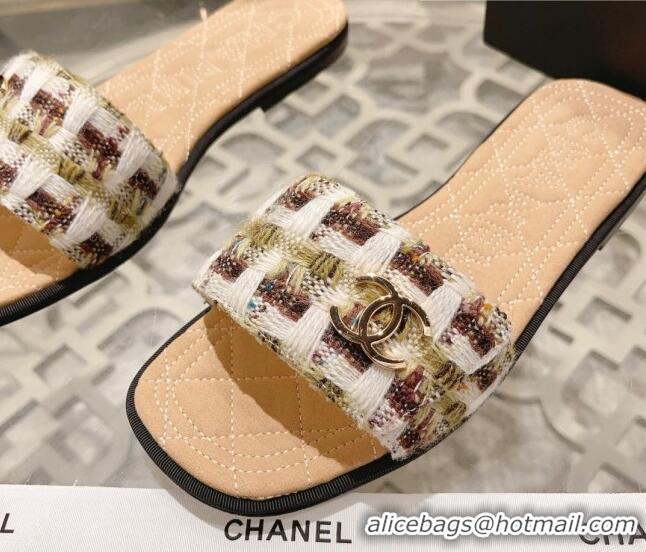 Top Design Chanel Tweed Flat Slide Sandals Brown 805047