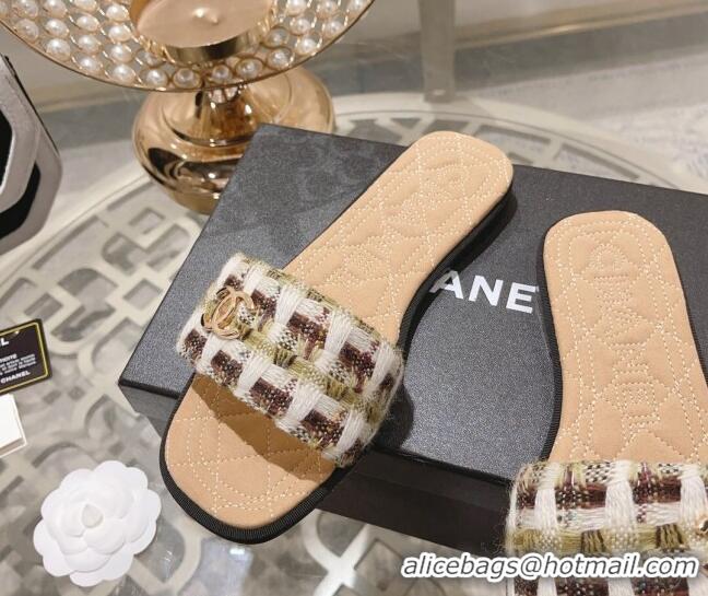 Top Design Chanel Tweed Flat Slide Sandals Brown 805047