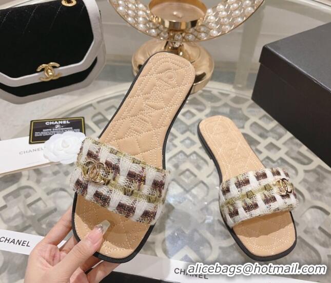 Top Design Chanel Tweed Flat Slide Sandals Brown 805047