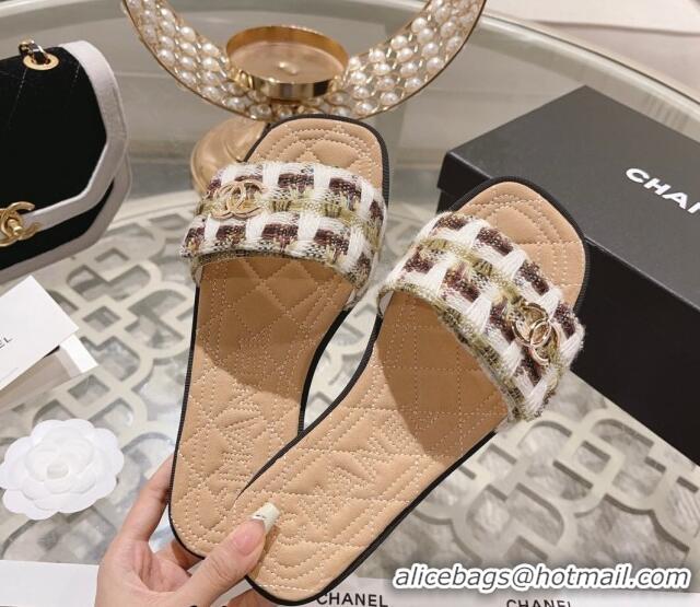 Top Design Chanel Tweed Flat Slide Sandals Brown 805047