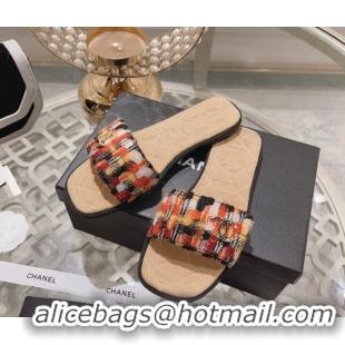 Cheap Price Chanel Tweed Flat Slide Sandals Orange 805048