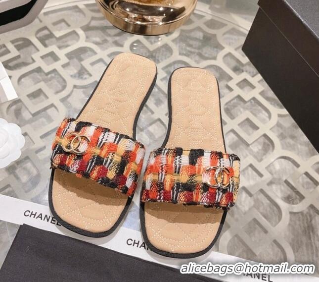 Cheap Price Chanel Tweed Flat Slide Sandals Orange 805048