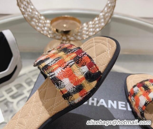 Cheap Price Chanel Tweed Flat Slide Sandals Orange 805048