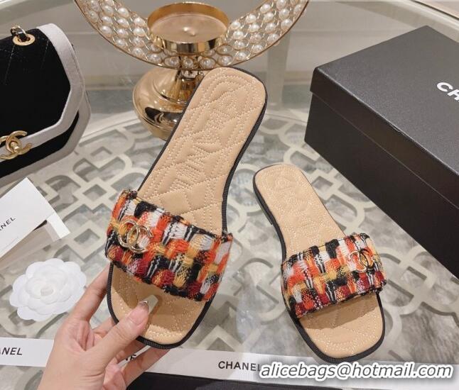 Cheap Price Chanel Tweed Flat Slide Sandals Orange 805048