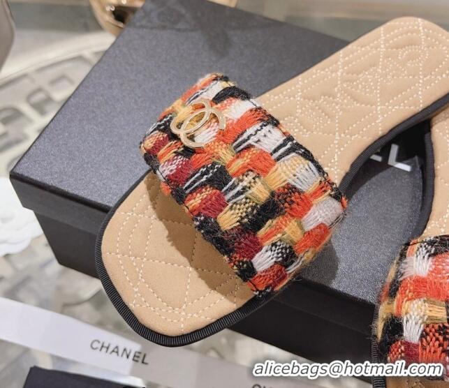 Cheap Price Chanel Tweed Flat Slide Sandals Orange 805048