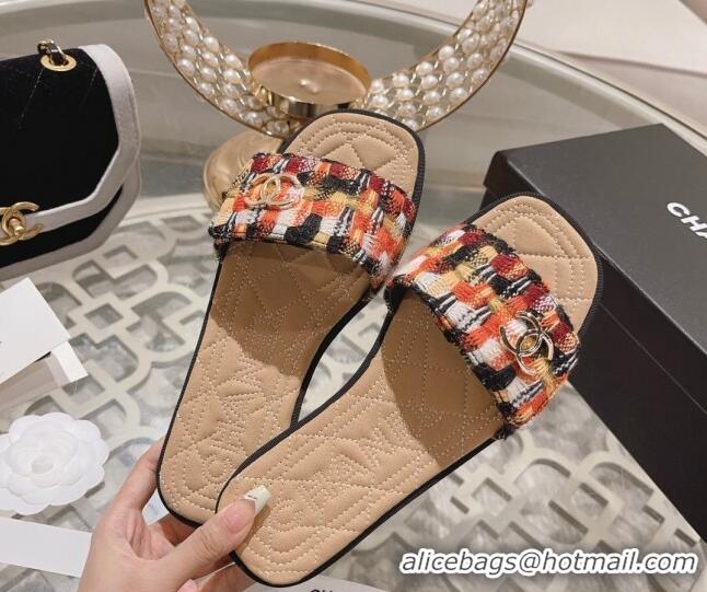 Cheap Price Chanel Tweed Flat Slide Sandals Orange 805048