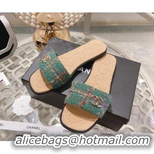 Discount Chanel Tweed Flat Slide Sandals Green 805049