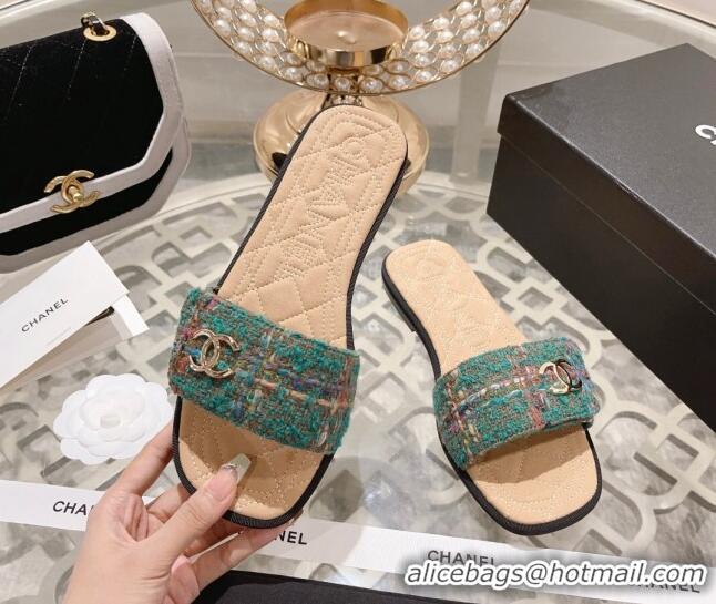 Discount Chanel Tweed Flat Slide Sandals Green 805049