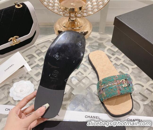 Discount Chanel Tweed Flat Slide Sandals Green 805049