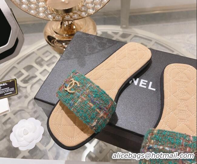 Discount Chanel Tweed Flat Slide Sandals Green 805049