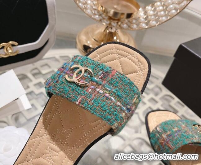 Discount Chanel Tweed Flat Slide Sandals Green 805049