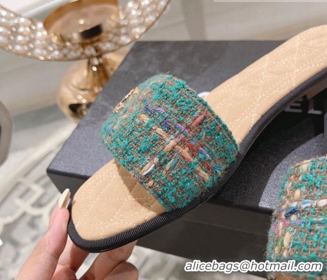 Discount Chanel Tweed Flat Slide Sandals Green 805049