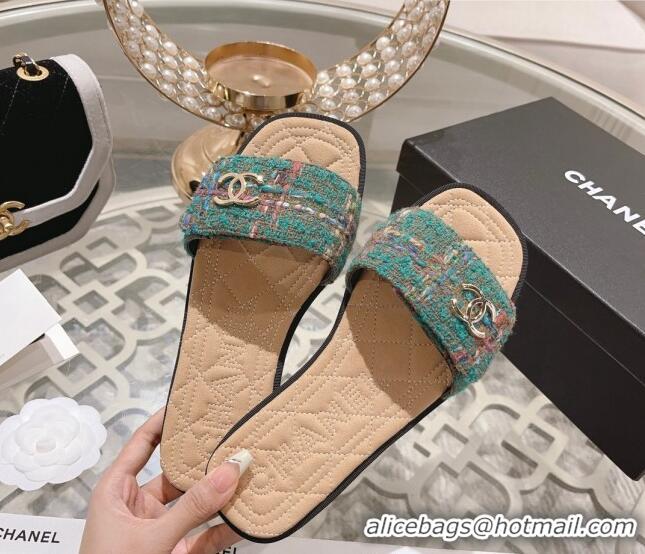 Discount Chanel Tweed Flat Slide Sandals Green 805049