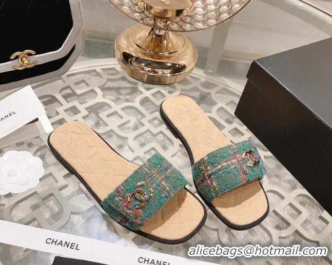 Discount Chanel Tweed Flat Slide Sandals Green 805049