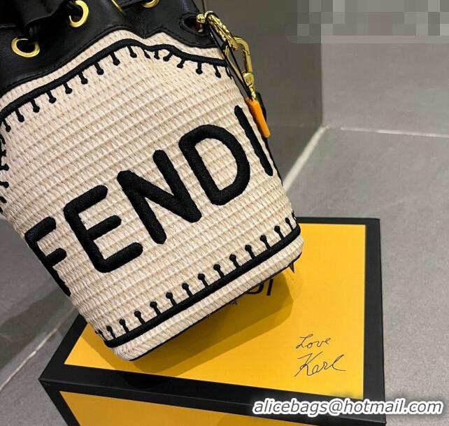 Top Grade Fendi Mon Tresor Straw Mini Bucket Bag 0627 Beige 2023