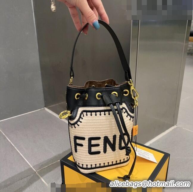 Top Grade Fendi Mon Tresor Straw Mini Bucket Bag 0627 Beige 2023