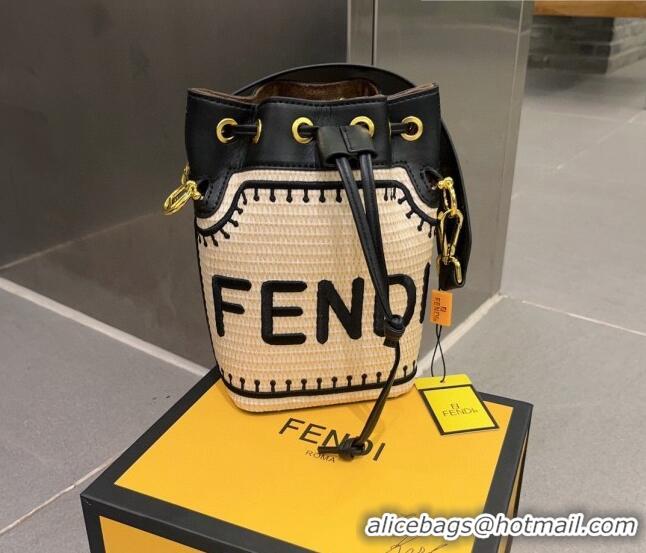 Top Grade Fendi Mon Tresor Straw Mini Bucket Bag 0627 Beige 2023