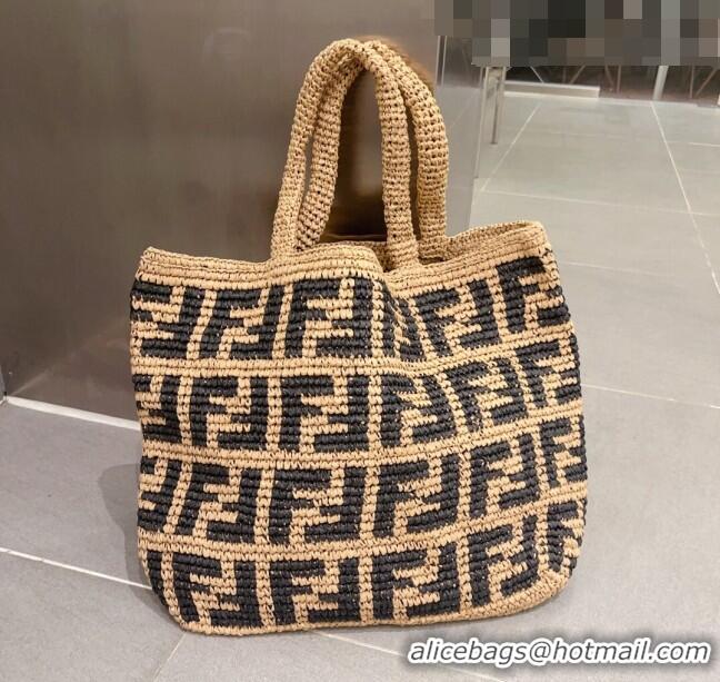 Shop Inexpensive Fendi FF Straw Tote bag 0708 Beige/Black 2023