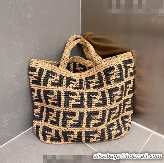 Shop Inexpensive Fendi FF Straw Tote bag 0708 Beige/Black 2023