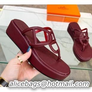 AAAAA Hermes Nappa Leather Chaine d'Ancre Platform Slide Thong Sandals Burgundy 329066