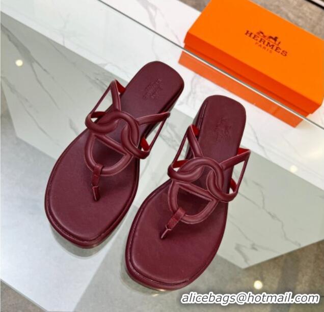 AAAAA Hermes Nappa Leather Chaine d'Ancre Platform Slide Thong Sandals Burgundy 329066