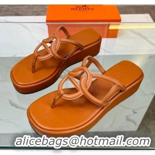 Hot Style Hermes Nappa Leather Chaine d'Ancre Platform Slide Thong Sandals Orange 329067