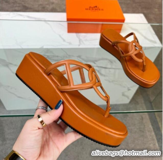 Hot Style Hermes Nappa Leather Chaine d'Ancre Platform Slide Thong Sandals Orange 329067