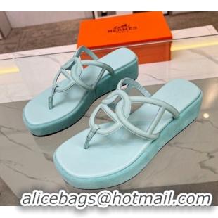 Sumptuous Hermes Nappa Leather Chaine d'Ancre Platform Slide Thong Sandals Light Blue 329068