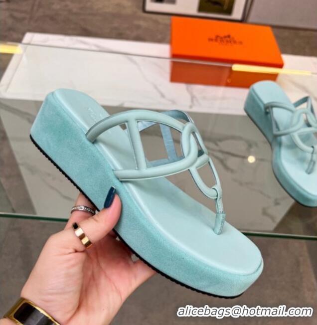 Sumptuous Hermes Nappa Leather Chaine d'Ancre Platform Slide Thong Sandals Light Blue 329068