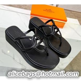 Duplicate Hermes Nappa Leather Chaine d'Ancre Platform Slide Thong Sandals Black 329069