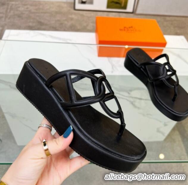 Duplicate Hermes Nappa Leather Chaine d'Ancre Platform Slide Thong Sandals Black 329069