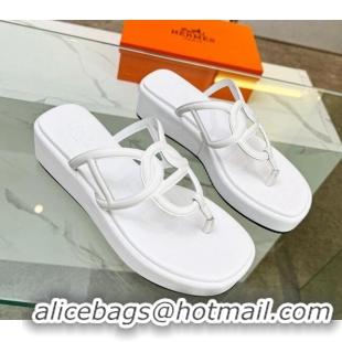 Stylish Hermes Nappa Leather Chaine d'Ancre Platform Slide Thong Sandals White 329070