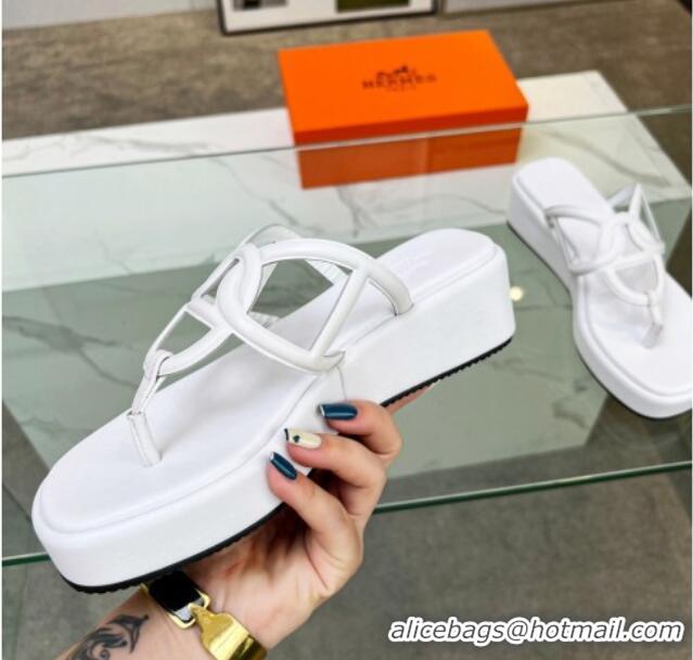 Stylish Hermes Nappa Leather Chaine d'Ancre Platform Slide Thong Sandals White 329070